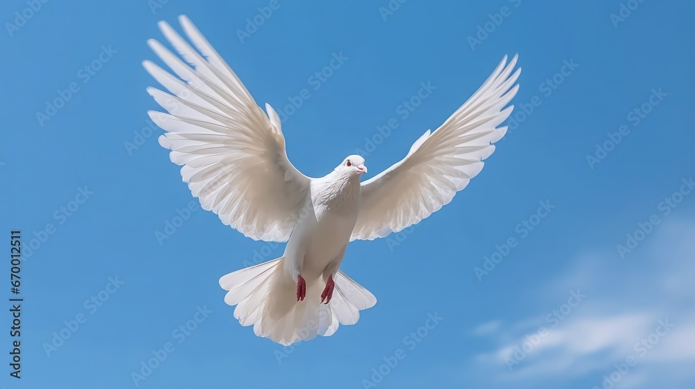 White dove with outstretched wings on blue sky