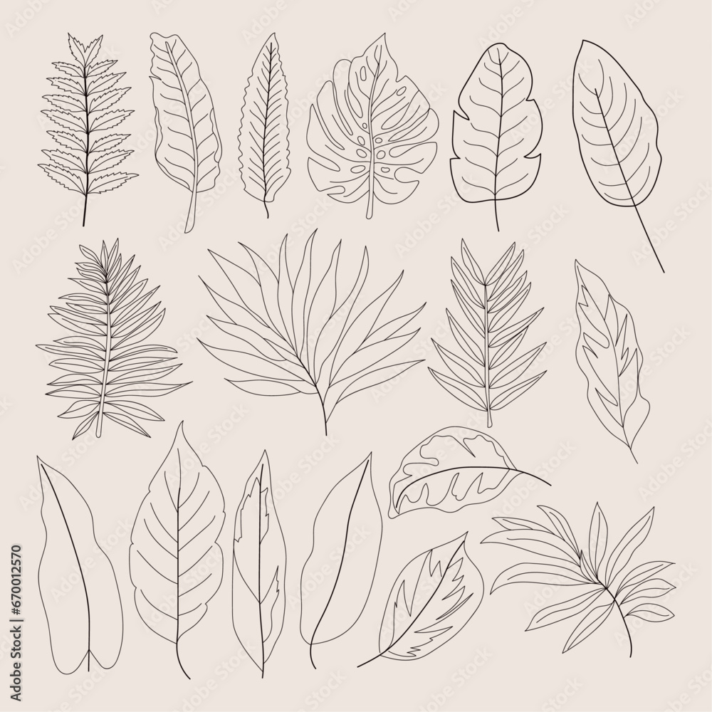 Trees leaf line art design set for coloring book and decoration shape 