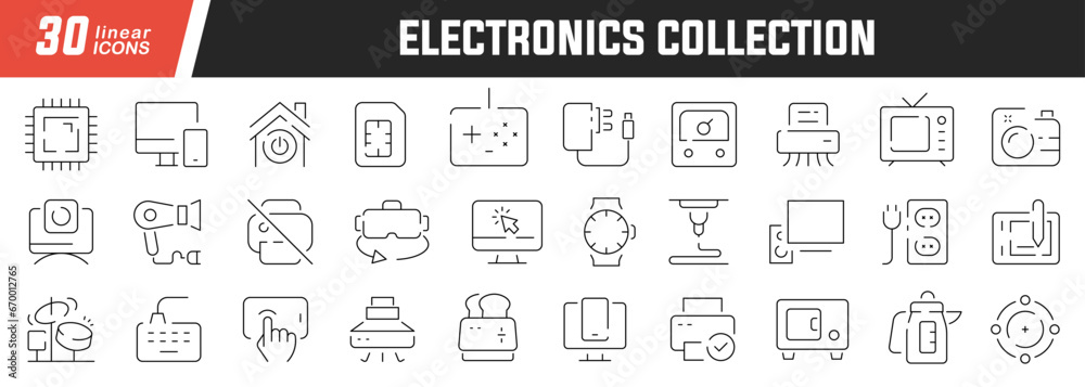 Obraz premium Electronics linear icons set. Collection of 30 icons in black