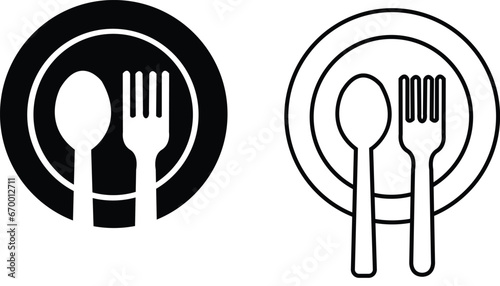 Set of Spoon, fork and plates restaurant icons flat vector illustration. Lunch dinner symbol editable stock. Spoon and fork for eating icons for apps and websites isolated on transparent background.