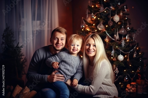 A young family on christmas in front of their christmas tree