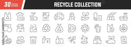 Recycle linear icons set. Collection of 30 icons in black