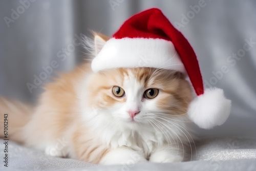 Fluffy kitten in Santa Claus Christmas red hat on light gray background