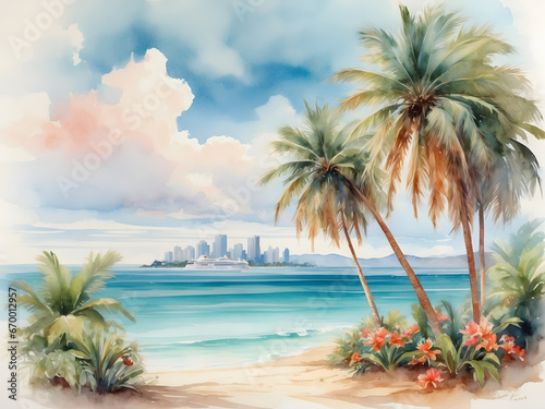 beach with palm tree  water color