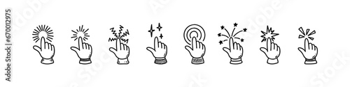 Doodle finger click icon set. Hand drawn hand pointer. Press here tap button. Sketch vector illustration