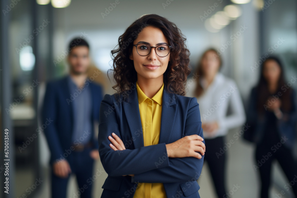 Obraz premium Portrait of one confident young hispanic business woman standing with arms crossed in an office with her colleagues in the background, Ambitious entrepreneur and determined leader ready for success 