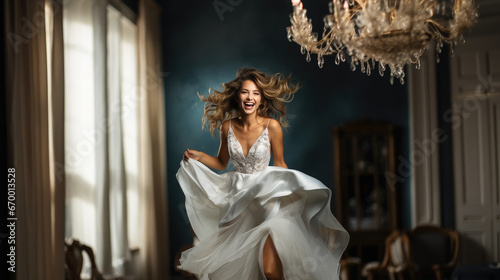 joyful bride in a white dress and veil jumping on a colored background, young beautiful woman, European girl, wedding, emotional face, portrait, expression, happiness, delight, movement, future wife