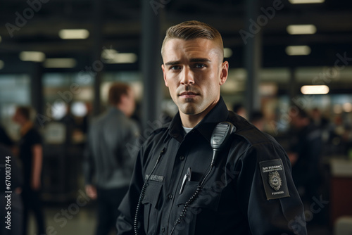 Portrait of serious handsome security guard talking by portable radio