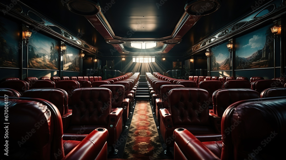 Fototapeta premium Empty cinema with rows of red seats with cup holders and popcorn. Concept of entertainment. 
