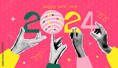 Trendy 2024 New Year banner design in mixed media collage style. Halftone Hands holding numbers and mirror ball. Winter Holiday celebration concept. Vector illustration for poster or greeting card