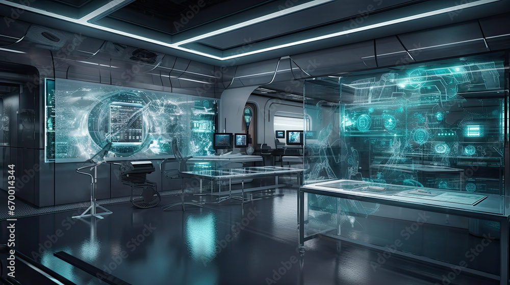 Underground health monitoring facility, futuristic interface screen on the wall Underground health monitoring facility, futuristic interface screen on the wall