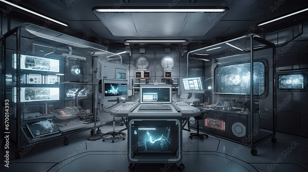 Underground health monitoring facility, futuristic interface screen on the wall Underground health monitoring facility, futuristic interface screen on the wall