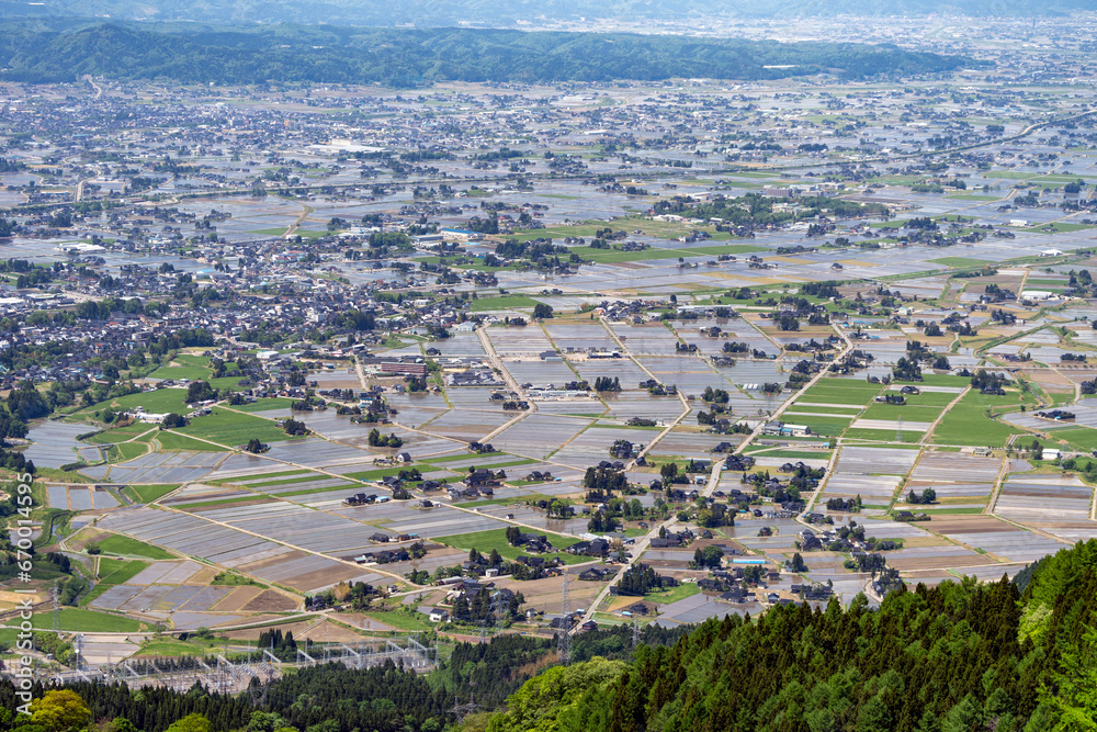 高清水林道展望広場から眺める砺波平野の散居村
