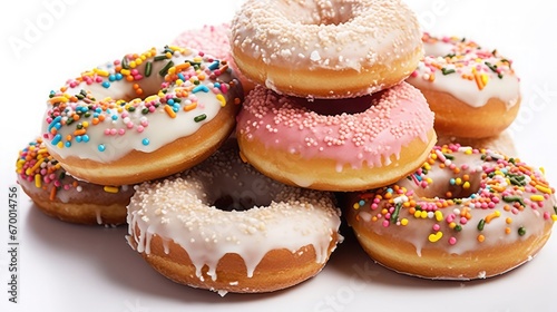 Set of multicolored donuts with sprinkles isolate on color background