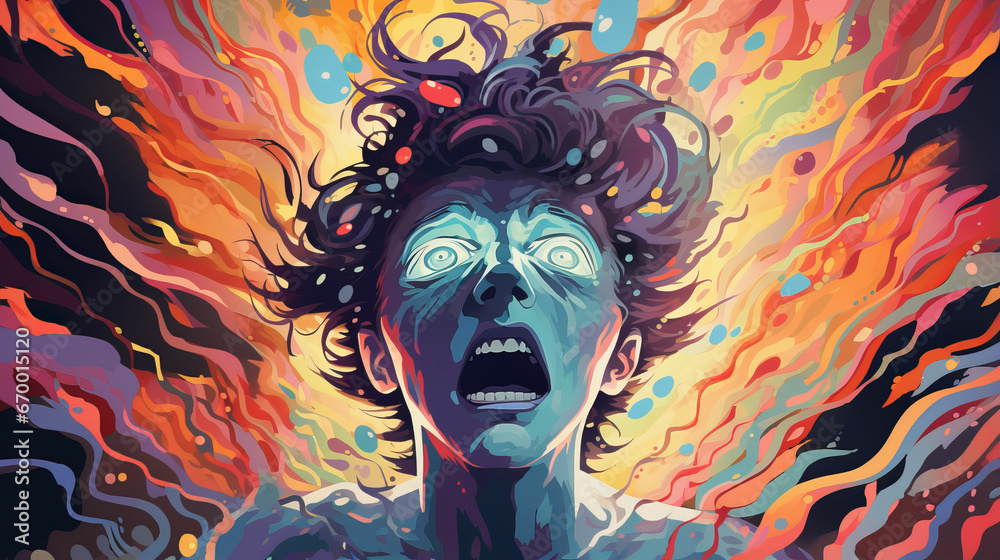 Person face enshrouded of colorful fragments, depicting inner turmoil of anxiety disorder, personality is swallowed up in chaotic blend of vibrant fragments, coping with psychological illness Person face enshrouded of colorful fragments, depicting inner turmoil of anxiety disorder, personality is swallowed up in chaotic blend of vibrant fragments, coping with psychological illness