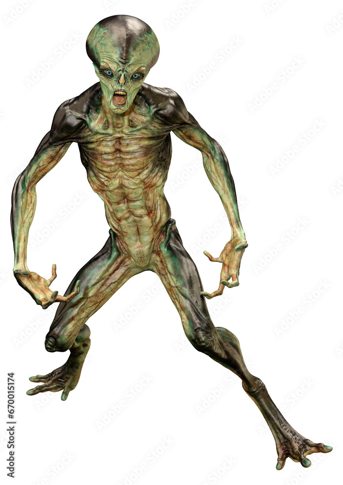 3D Rendering Green Alien on White 3D Rendering Green Alien on White