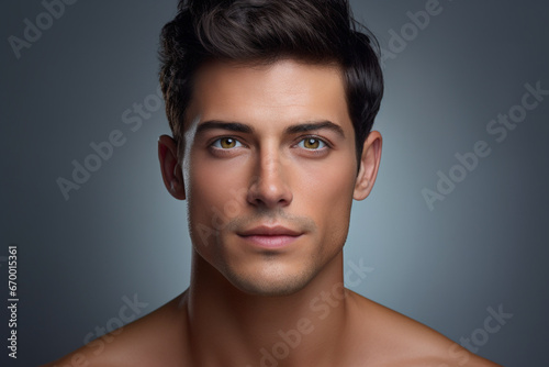 Face, beauty and eye of a man with clean, glow and healthy skin on a grey studio background for dermatology skincare, Portrait of a male with facial cosmetics for self care with marketing free space © alisaaa