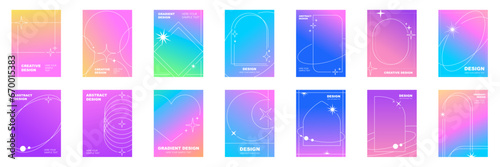Minimal style posters with colorful, geometric shapes, frame, sparkle. Modern wallpaper design photo