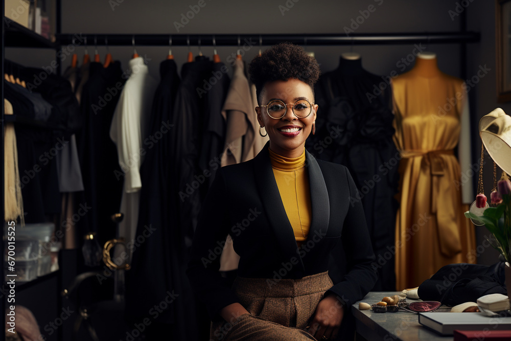 Fashion industry, black woman and designer portrait of clothing tailor with business vision, Smile, startup and small business entrepreneur with happiness and business growth feeling working success - obrazy, fototapety, plakaty 