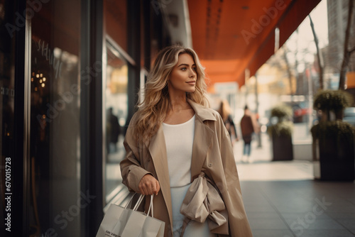 female holding shopping bags while walking at the street