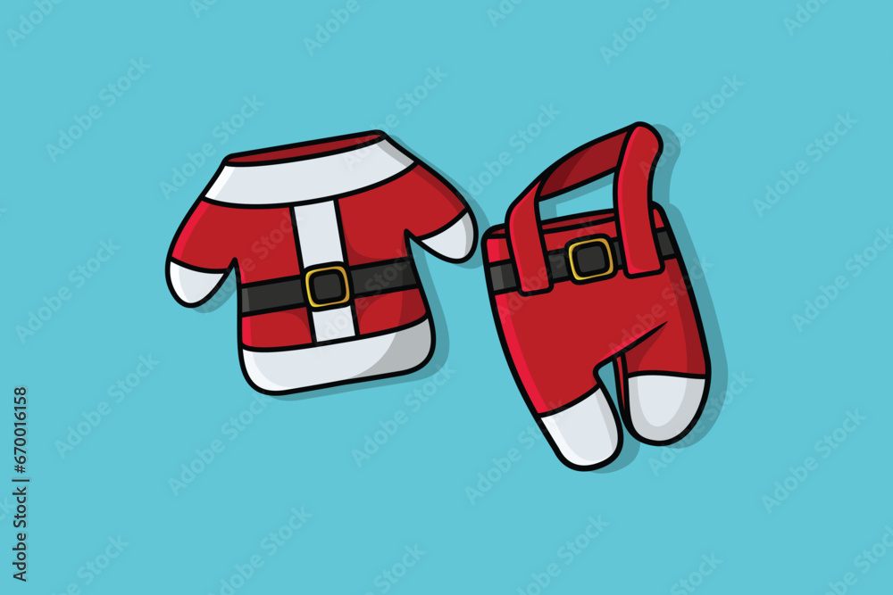 Red Kids Winter, Christmas suit with belt vector icon illustration. Holiday objects icon design concept. Winter season, Holiday icons, Christmas celebration, Christmas clothe, Santa coat, Winter suit.
