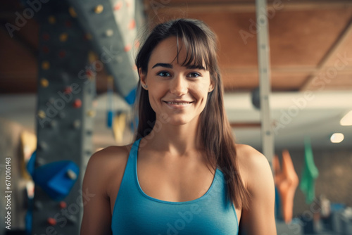 Fit Beautiful Female Athlete Smiling and Posing at Rock Climbing Gym with Bouldering Wall Background  Attractive Confident Happy Brunette Woman Doing Sports  Healthy Lifestyle Portrai