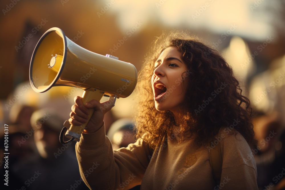 Freedom, revolution and megaphone with woman in protest event for community, support and leadership in rally, Global, social justice and human rights with gen z crowd for equality, future or politics - obrazy, fototapety, plakaty 