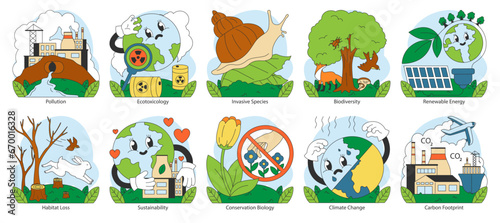Ecology set. Human influence. Environment pollution, ecotoxicology and invasive species threats. Climate change impact. Biodiversity, renewable energy, sustainability. Flat vector illustration