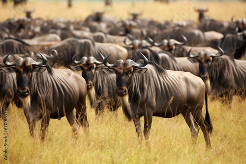 a herd of wildebeest migrating together across a savannah © studioworkstock