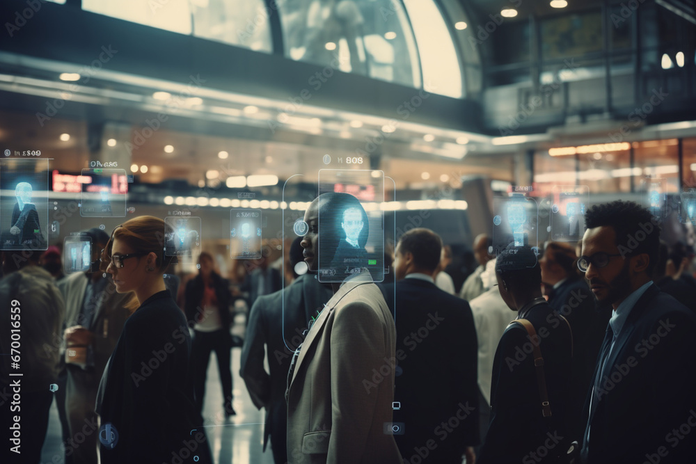Futuristic AI Big Data Analysing Surveillance Camera that Keeps People Safe, Backgrond: Diverse Multi-Ethnic Crowd of People Wait for their Flights in Boarding Lounge of Airline Hub