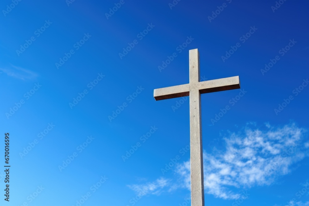 a silver cross against a cloudless blue sky