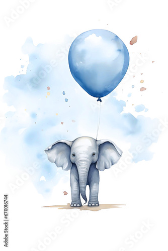 Cute soft watercolor illustration of a cute elephant with a balloons
