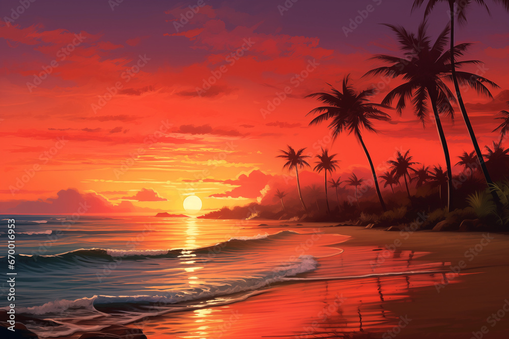 Ruhiger tropischer Strand mit sanften Wellen zum Sonnenuntergang