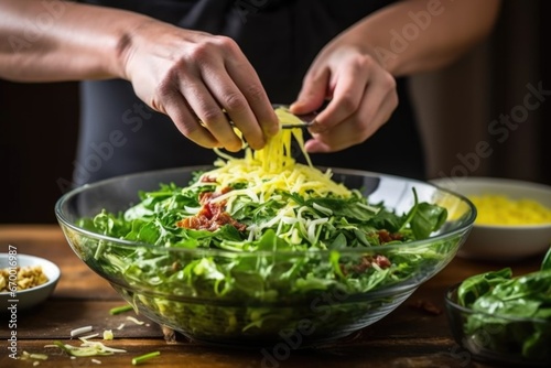 hand adding shredded cheese over spinach and bacon salad