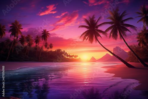 Ruhiger tropischer Strand mit Blick auf Palmen und dem Horizont zum Sonnenuntergang