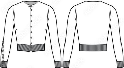 womens long sleeve cropped cardigan sweater flat sketch vector illustration technical cad drawing template
