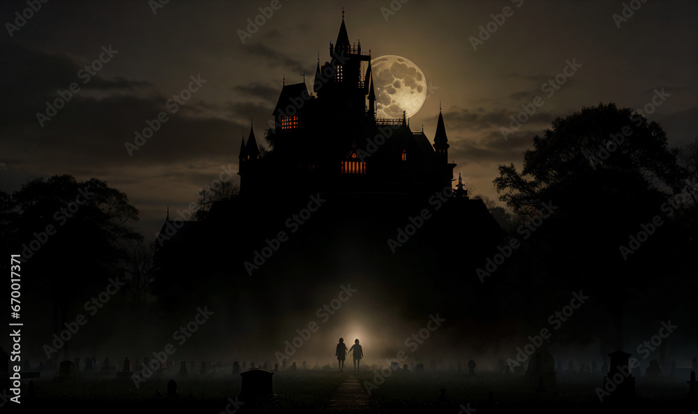 silhouette of two small people walking throug foggycementary graveyard at full moon with big haunted castle with orange glowing windows, generative AI
