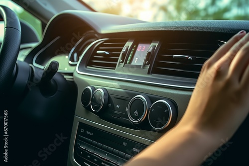 Woman listening radio while driving. Unit head display fm volume. Generate Ai