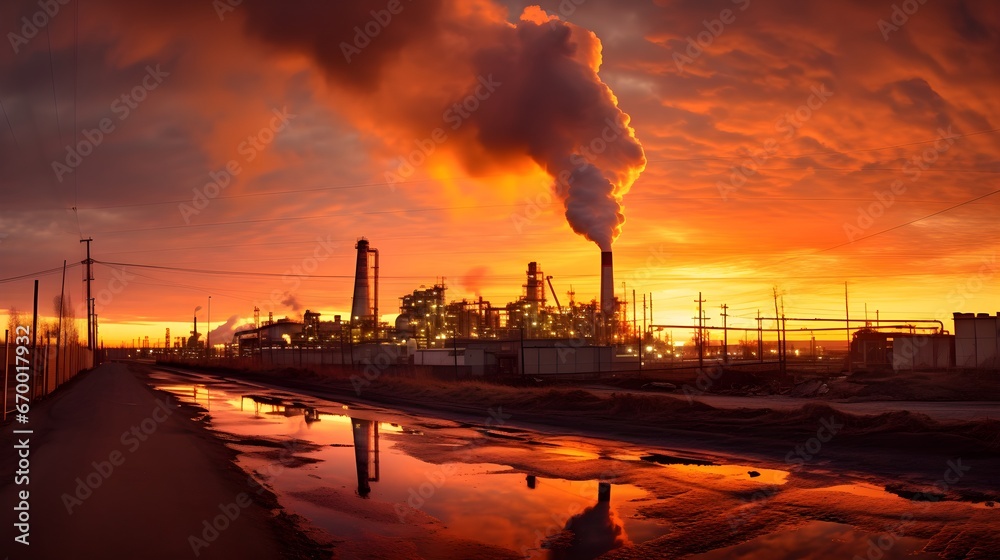 Dawn over industrial expanse, panoramic shot of sprawling factories silhouetted against a fiery sunrise, a testament to human ingenuity and industrial prowess.