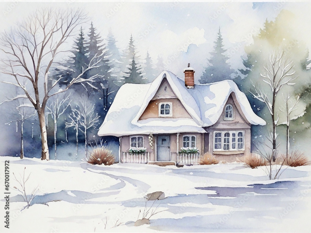 Watercolor Winter Season And Watercolor Winter House Background