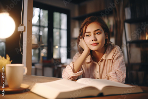 Hipster woman teenager sitting enjoy reading book at cafe, Vintage filter toned