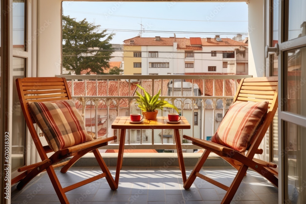 view of a tidy shared balcony with two different style chairs view of a tidy shared balcony with two different style chairs