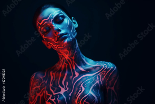 Innovative Beauty Advertising Shoot, Talented Model Showcases Her Unique Style, Neon-Painted Body and Face Contrasting Beautifully with Dark Abstract Backdrop, Creating a Visually Stunning