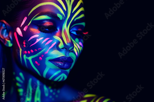 Innovative Beauty Advertising Shoot  Talented Model Showcases Her Unique Style  Neon-Painted Body and Face Contrasting Beautifully with Dark Backdrop  Creating a Visually Stunning Close Up Portrait