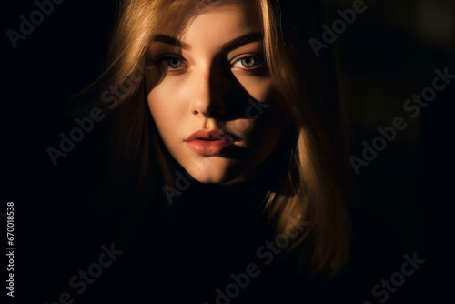 lady portrait focus on face in soft warm light shadow contrast isolated on dark free space background © alisaaa