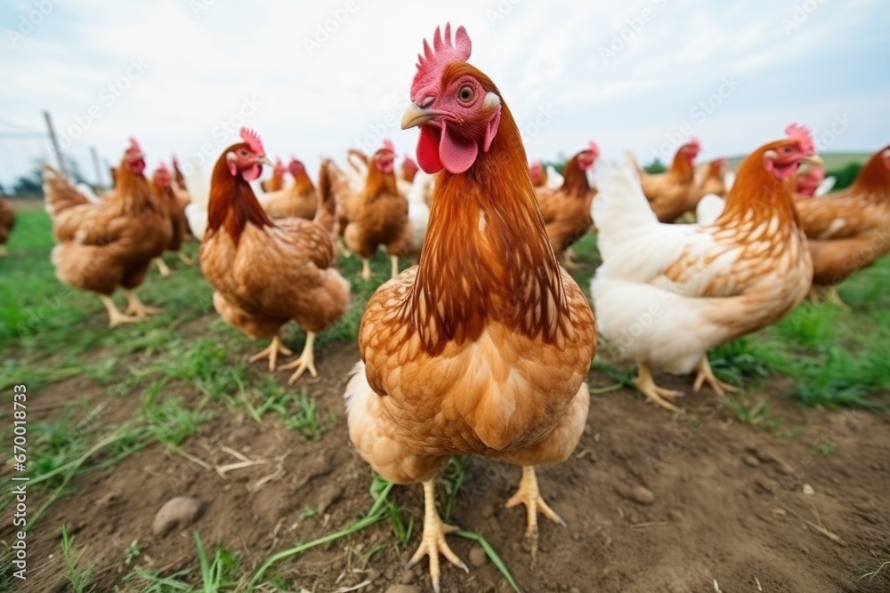 Fototapeta premium hens pecking at the ground in free-range farming