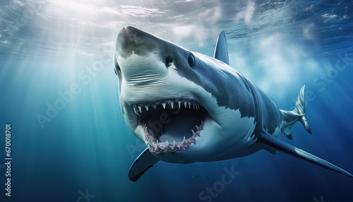 Great white shark in blue sea