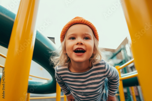 Low angle view of a smiling girl having fun while playing at outdoor playground and looking at camera