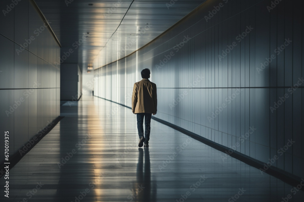 Man walking alone in modern corridor hallway