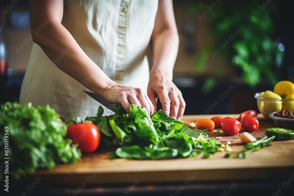 Mature woman, cooking and cutting salad leaf in house and home kitchen for wellness food, health diet and lunch meal, Chef, nutritionist and person with cuisine knife for vegetables or dinner recipe